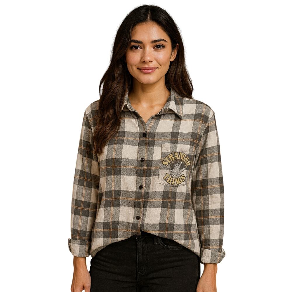 Stranger things womens M grey flannel button up collectors top warm winter